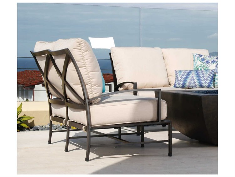 Sunset West La Jolla Aluminum Espresso Fire Pit Outdoor Lounge Set in Canvas Flax with Self Welt