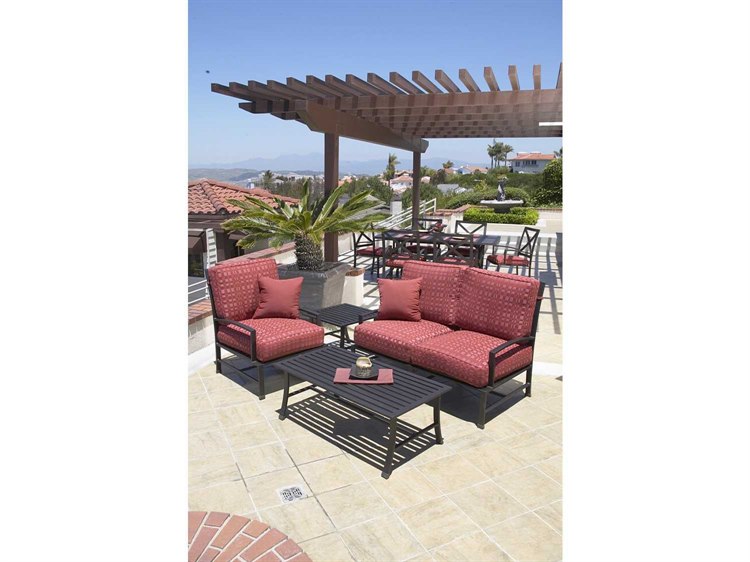Sunset West La Jolla Aluminum Espresso Outdoor Patio Lounge Set in Canvas Flax with Self Welt