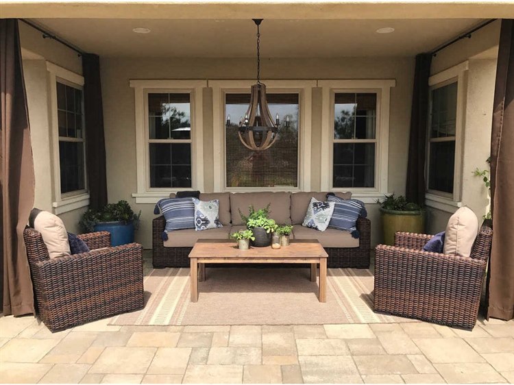 Sunset West Montecito Wicker Cognac Outdoor Lounge Set in Canvas Flax with Self Welt