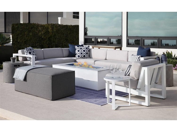 Sunset West Newport Aluminum Frosted White Sectional Fire Pit Lounge Set in Cast Silver