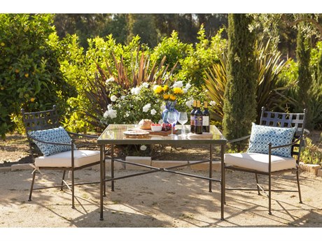 Sunset West Provence Wrought Iron Century Pewter Dining Set in Canvas Flax with Self Welt