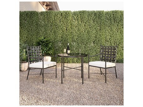 Sunset West Provence Wrought Iron Century Pewter Bistro Set in Canvas Flax with Self Welt