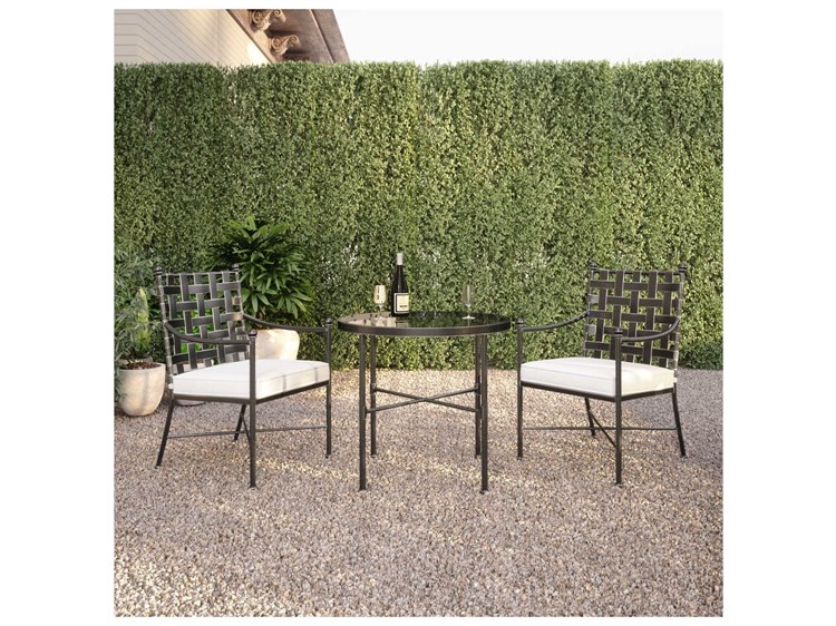 Sunset West Provence Wrought Iron Century Pewter Bistro Set in Canvas Flax with Self Welt