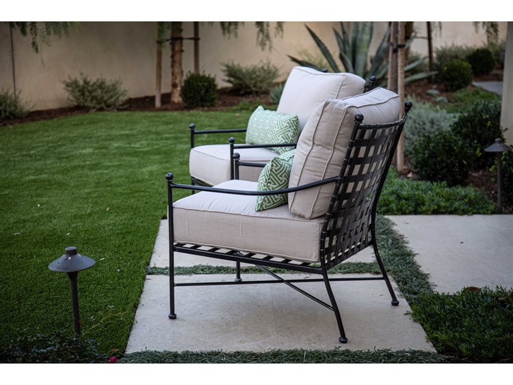 Sunset West Provence Wrought Iron Century Pewter Outdoor Patio Lounge Set in Canvas Flax with Self Welt