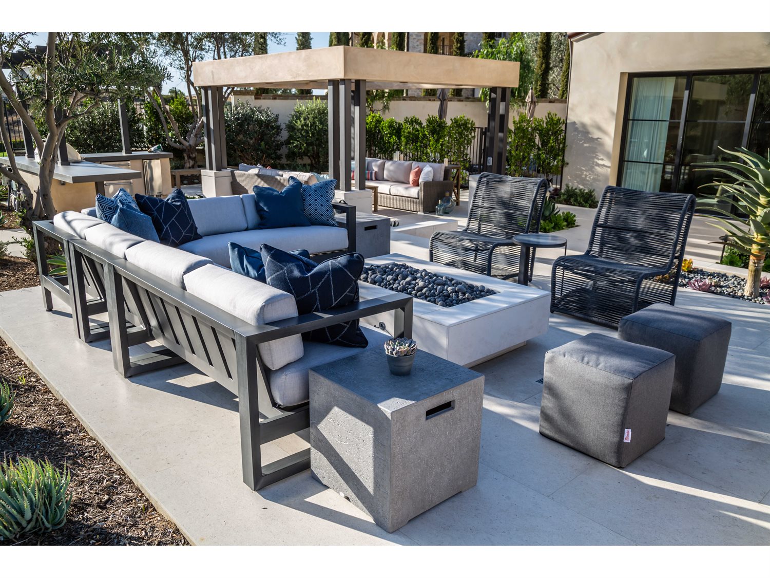 Sunset West Redondo Quick Ship Aluminum Slate Sectional Fire Pit Lounge Set In Cast Silver Swrdndoqcksecfrptlngset1 - Sunset West Patio Chairs