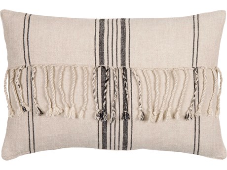 Surya Linen Stripe Embellished Cream / Light Beige / Black Pillow