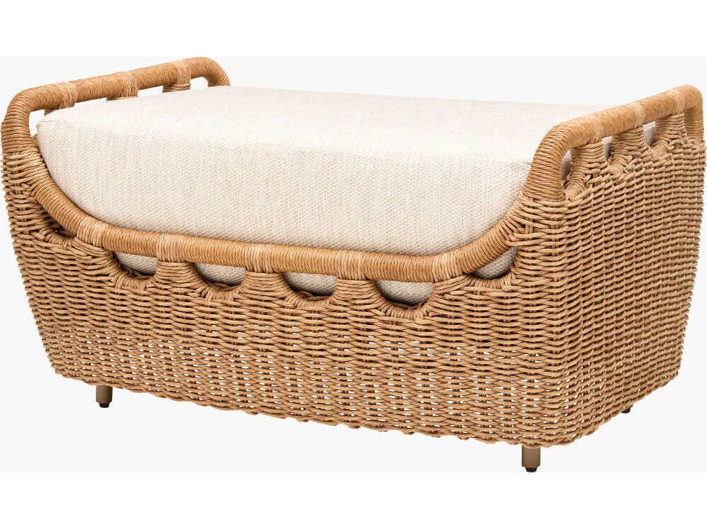 Olara Coastal Beach Cream Sunbrella Woven Wicker Rectangular Outdoor Ottoman