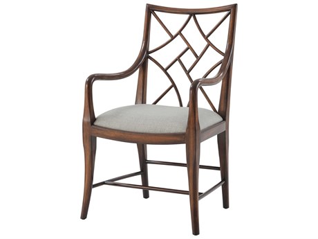 Theodore Alexander Indochine Mahogany Wood Brown Upholstered Arm Dining Chair
