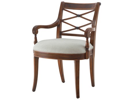 Theodore Alexander Essential Mahogany Wood Brown Upholstered Arm Dining Chair