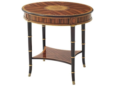 Theodore Alexander English Cabinet Maker Round Wood Italian Gold Black Rub End Table