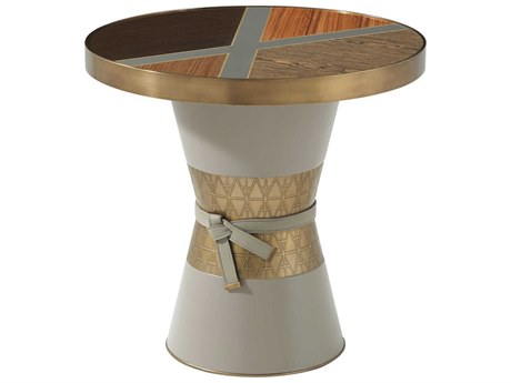Theodore Alexander Ta Iconic Round Wood Light Grey Winter Green Bronze End Table