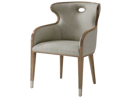 Theodore Alexander The Echoes Oak Wood Brown Upholstered Cannon Scoop Back Arm Dining Chair