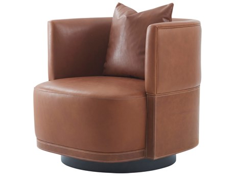 Theodore Alexander Seated Antique Brown Leather Swivel Club Chair