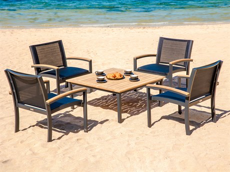 Three Birds Casual Soho Teak Sling Outdoor Patio Lounge Set