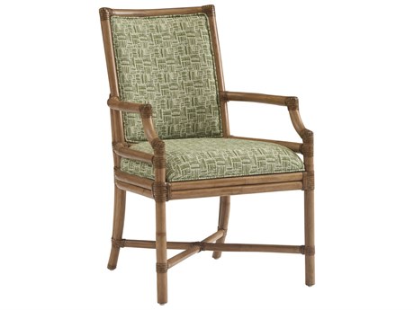 Tommy Bahama Key Biscayne Rattan Green Upholstered Arm Dining Chair