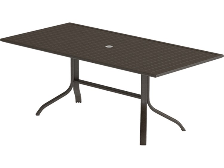 Tropitone Aluminum Slat Rectangular KD Pedestal Outdoor Patio Dining Table with Umbrella Hole