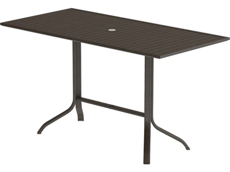 Tropitone Aluminum Slat 72''W x 36''D Rectangular KD Pedestal Bar Height Table with Umbrella Hole