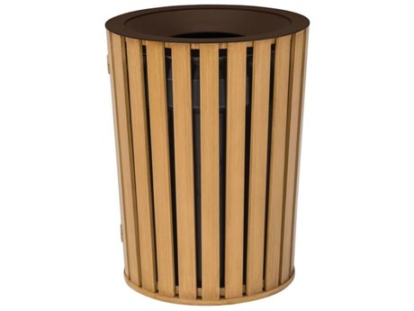 Tropitone District Aluminum Round Waste Receptacle with Dome Hood and Ash Urn Faux Wood Slat