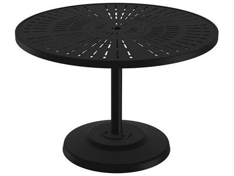 Tropitone La Stratta Aluminum Round KD Pedestal Outdoor Dining Table with Umbrella Hole