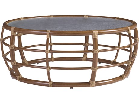 Tommy Bahama Outdoor Sandpiper Bay Aluminum Wicker Round Glass Top Coffee Table