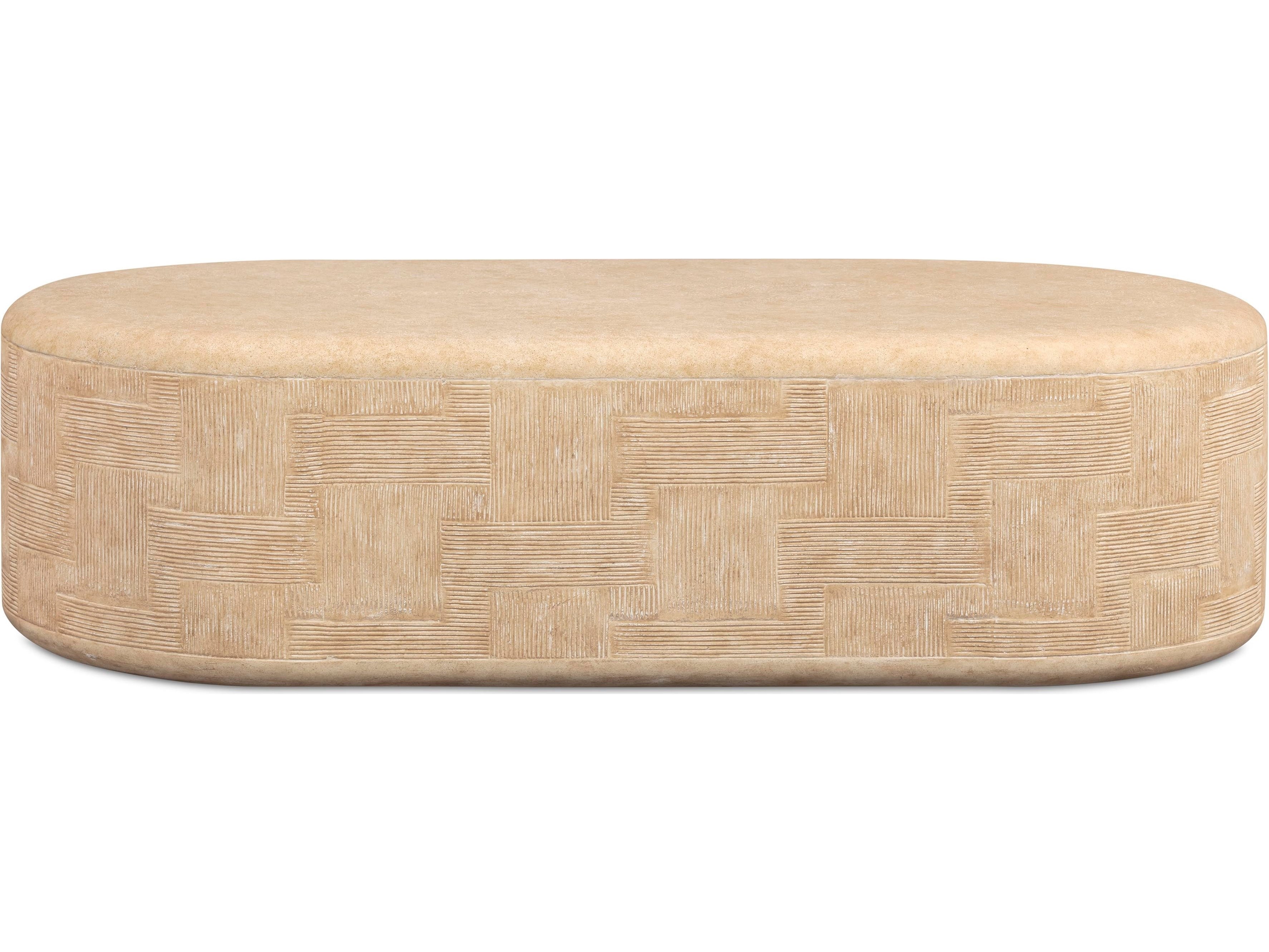 TOV Outdoor Suraya Concrete Faux Travertine 55" Rounded Coffee Table