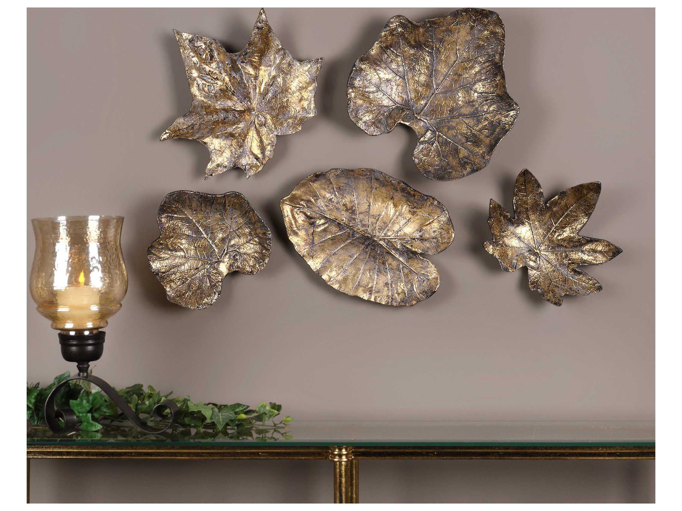 Uttermost Gold Leaf & Mottled Bronze Leaves Wall Art (Set of Five
