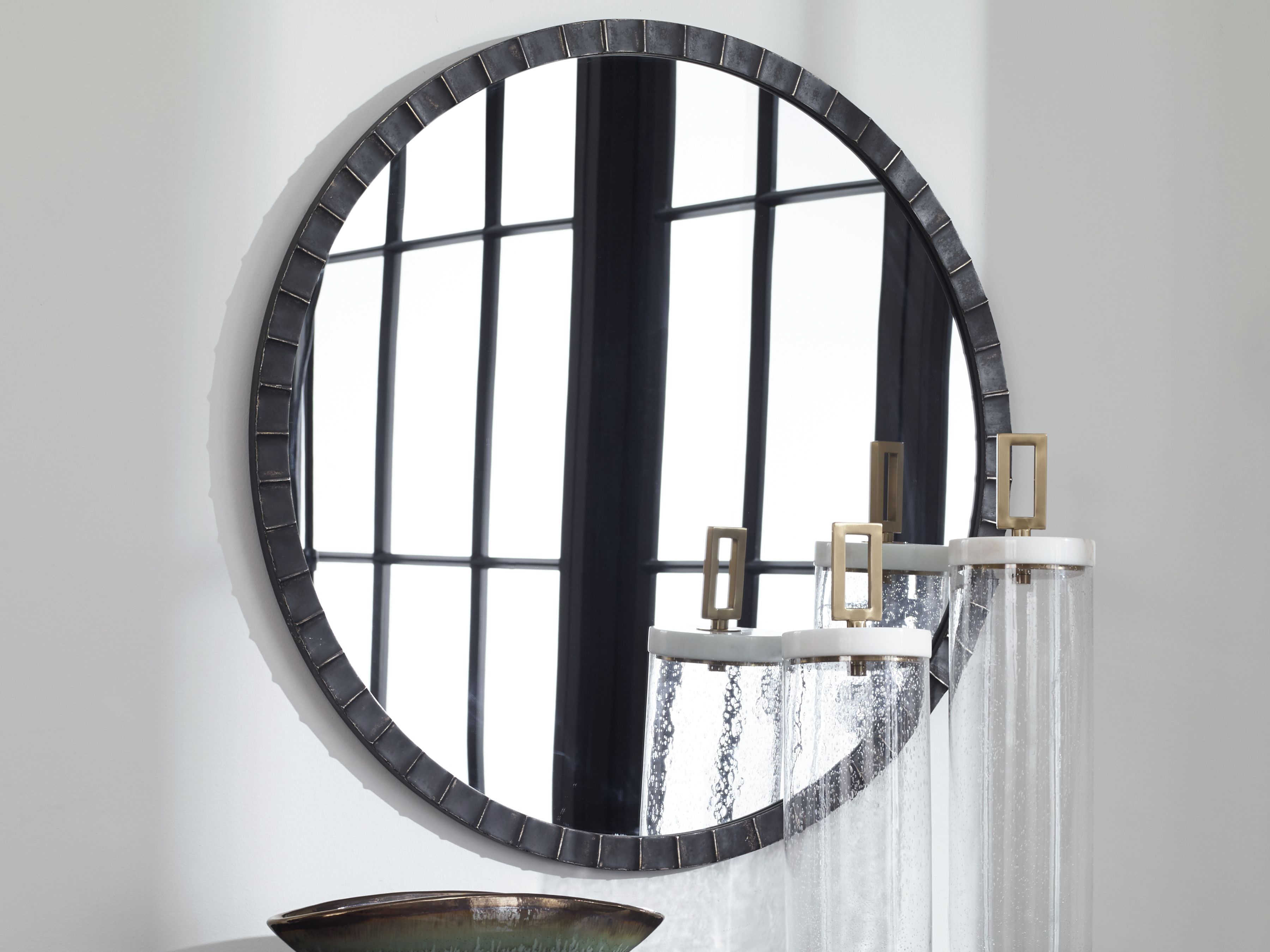 Uttermost Dandridge Distressed Matte Black 34'' Round Wall Mirror UT09702
