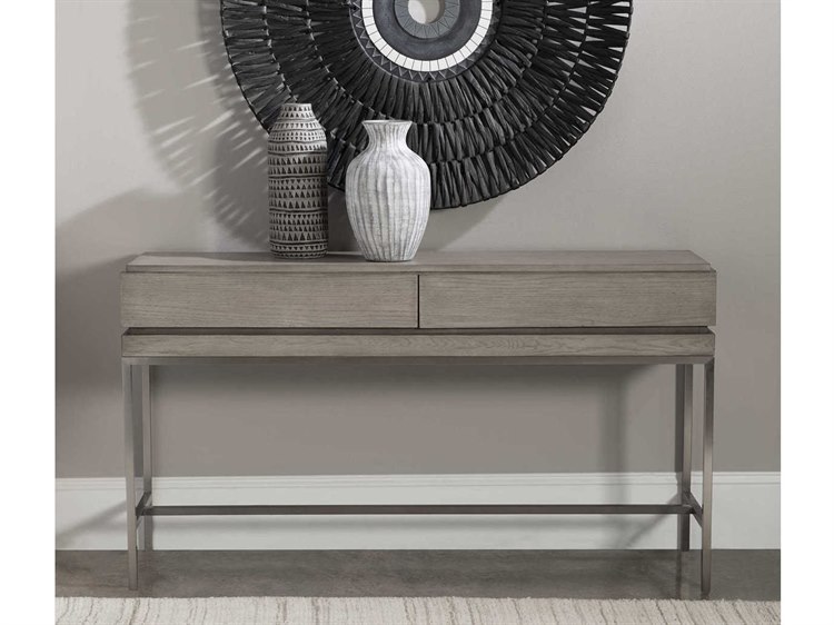 Uttermost Kamala Rectangular Wood Light Mushroom Gray Brushed Nickel Console Table UT25373