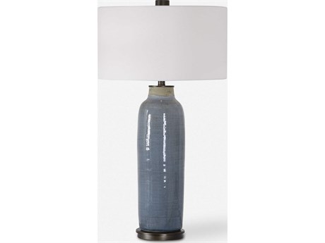 Uttermost Vicente Slate Blue Glaze Round Hardback Drum Bronze Buffet Lamp