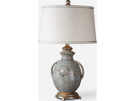 Uttermost Cancello Distressed Light Blue Glaze Round Brass Table Lamp