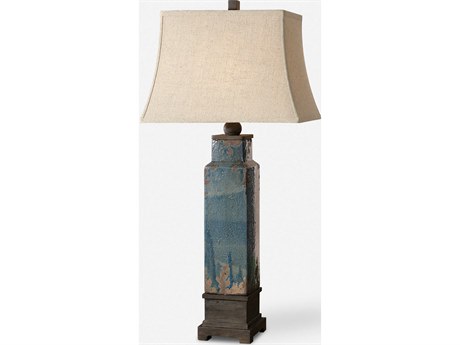 Uttermost Soprana Distressed Blue Glaze Rectangle Bell Shade Bronze Table Lamp