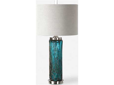 Uttermost Almanzora Blue Round Hardback Drum Glass Table Lamp