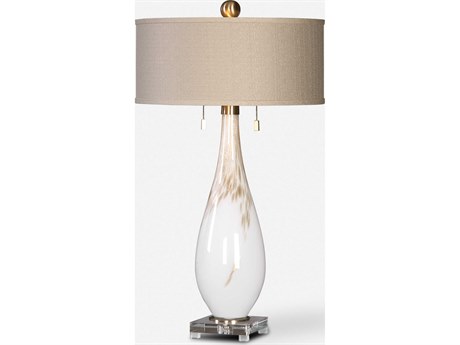 Uttermost Cardoni Metallic Golden Bronze Round Hardback Drum White Crystal Glass Table Lamp