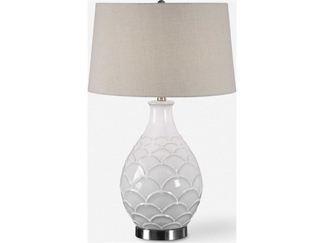Uttermost Camellia Distressed Glossed White Tapered Round Hardback Table Lamp