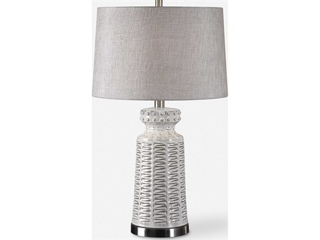 Uttermost Kansa Distressed Glossed White Slightly Tapered Round Hardback Table Lamp