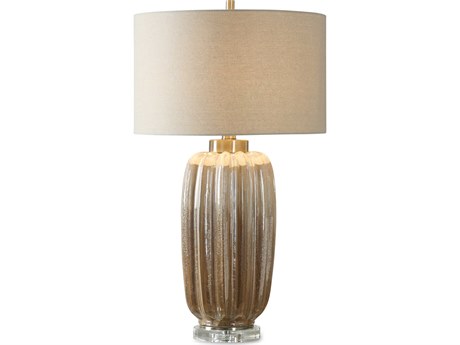 Uttermost Gistova Crystal Ivory Rust Brown Round Hardback Drum Gold Buffet Lamp