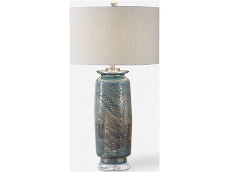 Uttermost Olesya Crystal Ocean Blue Metallic Bronze Round Hardback Drum Glass Buffet Lamp