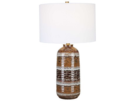 Uttermost Roan Taupe White Charcoal Antique Brass Round Drum Hardback Shade Buffet Lamp