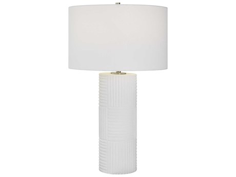 Uttermost Patchwork Satin White Brushed Nickel Round Hardback Drum Buffet Lamp