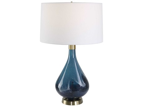 Uttermost Riviera Dark Navy Blue Antique Brass Round Hardback Shade Buffet Lamp