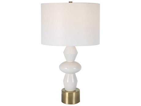 Uttermost Architect Ivory Glass Antique Brushed Brass Round Drum Hardback Shade White Buffet Lamp