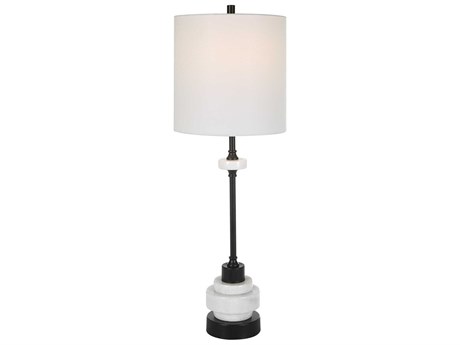 Uttermost Alliance White Marble Satin Black Round Drum Hardback Shade Buffet Lamp