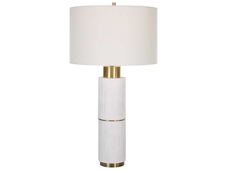 Uttermost Ruse Whitewash Brushed Brass Round Drum Hardback Shade Buffet Lamp