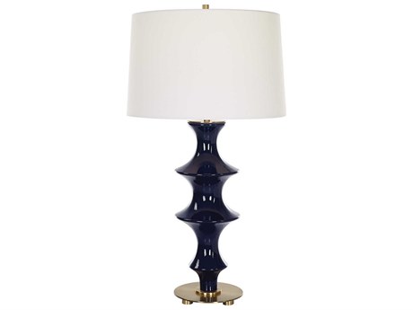 Uttermost Coil Cobalt Gloss Antique Brass Round Hardback Shade Black Buffet Lamp