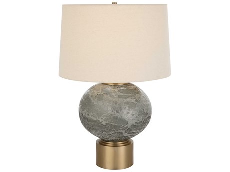 Uttermost Lunia Smoky Gray Antique Brushed Brass Round Hardback Shade Glass Buffet Lamp