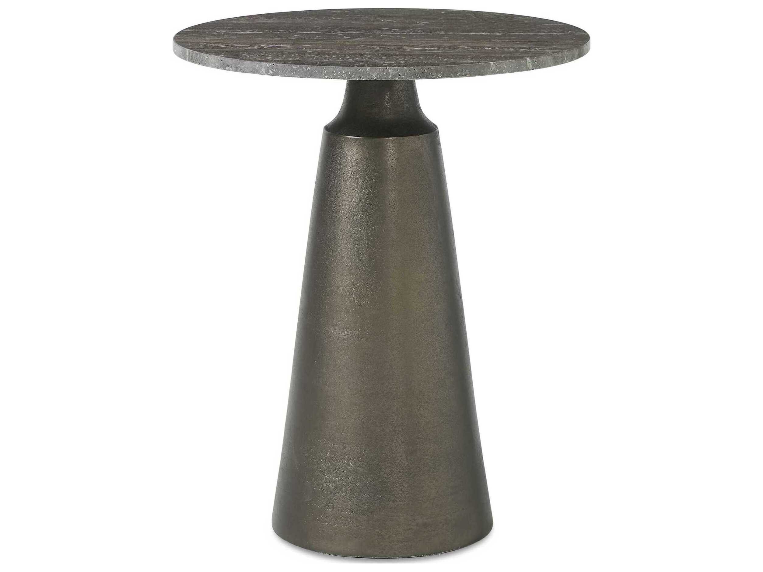 Midsummer Antique Bronze and Brown Outdoor Round Travertine Top Accent Table