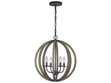 Visual Comfort Studio Allier 4-Light Weathered Oak Wood Antique Forged Iron Brown Globe Pendant