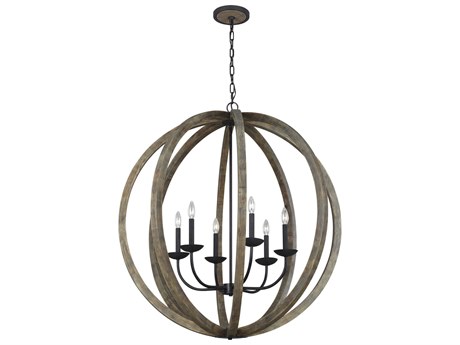 Visual Comfort Studio Allier 6-Light Weathered Oak Wood Antique Forged Iron Brown Globe Pendant