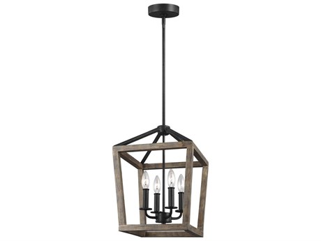 Visual Comfort Studio Gannet 4-Light Weathered Oak Wood Antique Forged Iron Brown Candelabra Chandelier