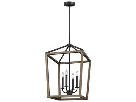 Visual Comfort Studio Gannet 4-Light Weathered Oak Wood Antique Forged Iron Brown Candelabra Chandelier